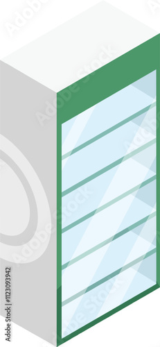 Empty glass display fridge with green frame and shelves, suitable for commercial use, presented in isometric view, perfect for showcasing products in retail settings