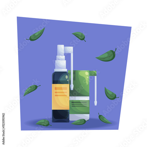 A set of jars of throat sprays and falling leaves on a blue background. Vector cartoon illustration of medicine and medical preparations