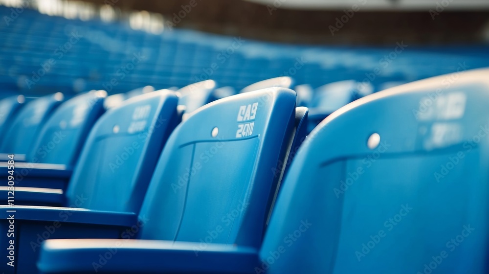 Fototapeta premium Rows of blue stadium seats with seat numbers visible