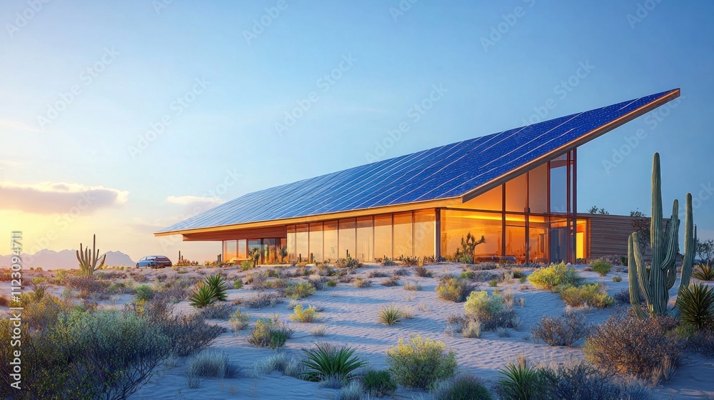 Fototapeta premium Solar farm in the desert generating power for a nearby sustainable community