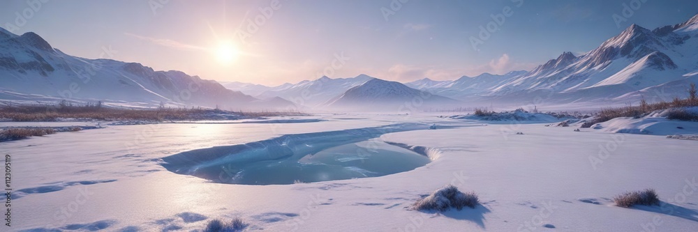 Obraz premium Shimmering iridescent mist floats through an empty snowy landscape, casting a dreamlike spell over the frozen terrain, quiet contemplation, serene ambiance