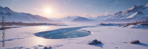 Shimmering iridescent mist floats through an empty snowy landscape, casting a dreamlike spell over the frozen terrain, quiet contemplation, serene ambiance