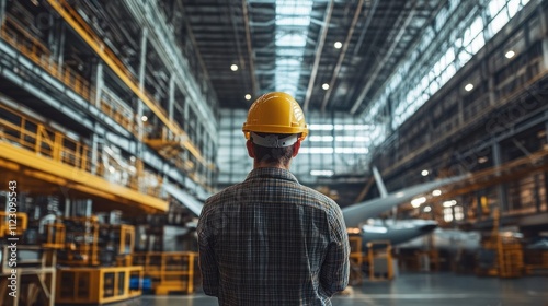 Technician in a hard hat inspecting a newly developed wind turbine blade design for performance and efficiency in renewable energy production