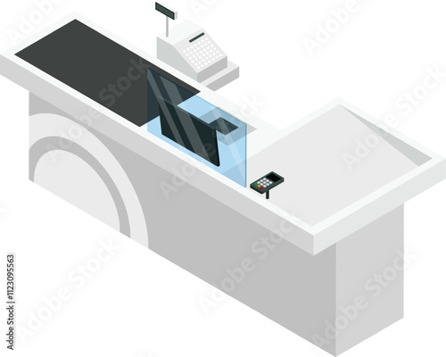 Checkout counter featuring cash register, monitor, conveyor belt, card reader and protective glass in isometric view, ideal for retail, shopping and commerce concepts