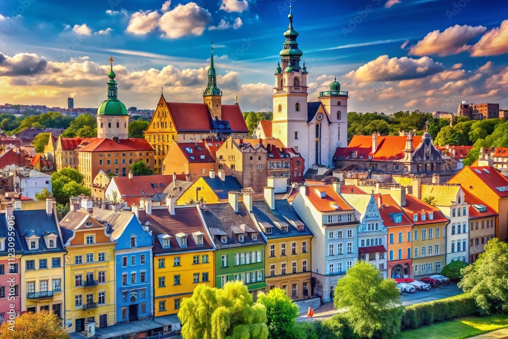 Obraz premium Surreal Cityscape of Lublin and Gdansk, Poland: A Dreamlike Skyline with Colorful Buildings Against a Bright Blue Sky Featuring Iconic Landmarks and Artistic Elements