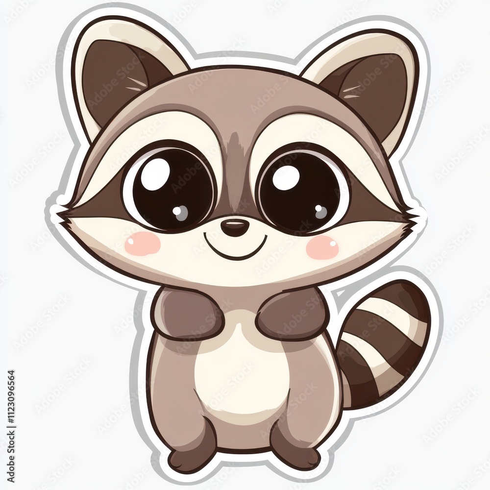 Naklejka premium Adorable cartoon raccoon with large eyes and a smiling face, standing on its hind legs.