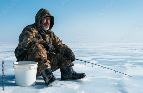 a man in a hooded jacket squatting on ice with a bucket and fishing pole in his hand and a bucket in the other hand