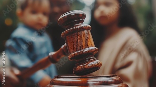 Close up of a judge s gavel with a blurred child in background, symbolizing child custody issues photo