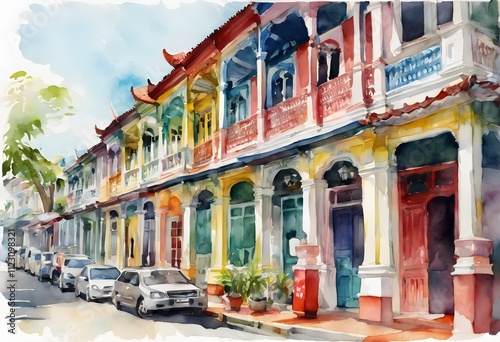 The Vibrant Palette of George Town: Watercolor Exploration of Penang's Shophouses photo