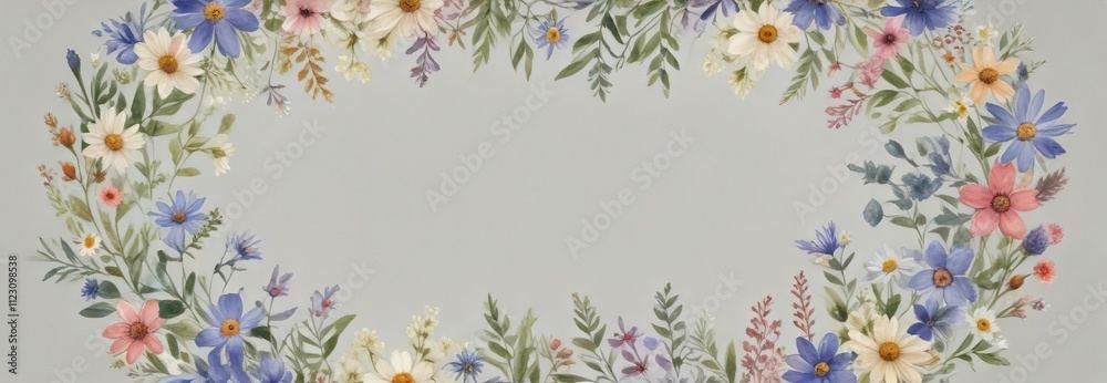 Obraz premium Watercolor painting of simple wildflowers forming a charming wreath, decorative element, design, bright