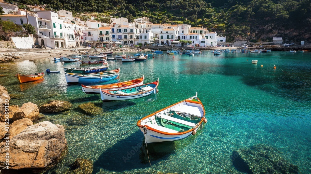 Obraz premium Colorful fishing boats in a picturesque coastal village with crystal-clear turquoise water.
