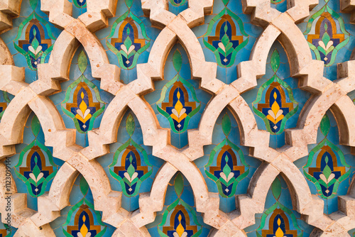 Exterior mosaic of the Hassan II Mosque, a mosque in Casablanca, Morocco. It is the largest functioning mosque in Africa and is the 7th largest in the world. photo