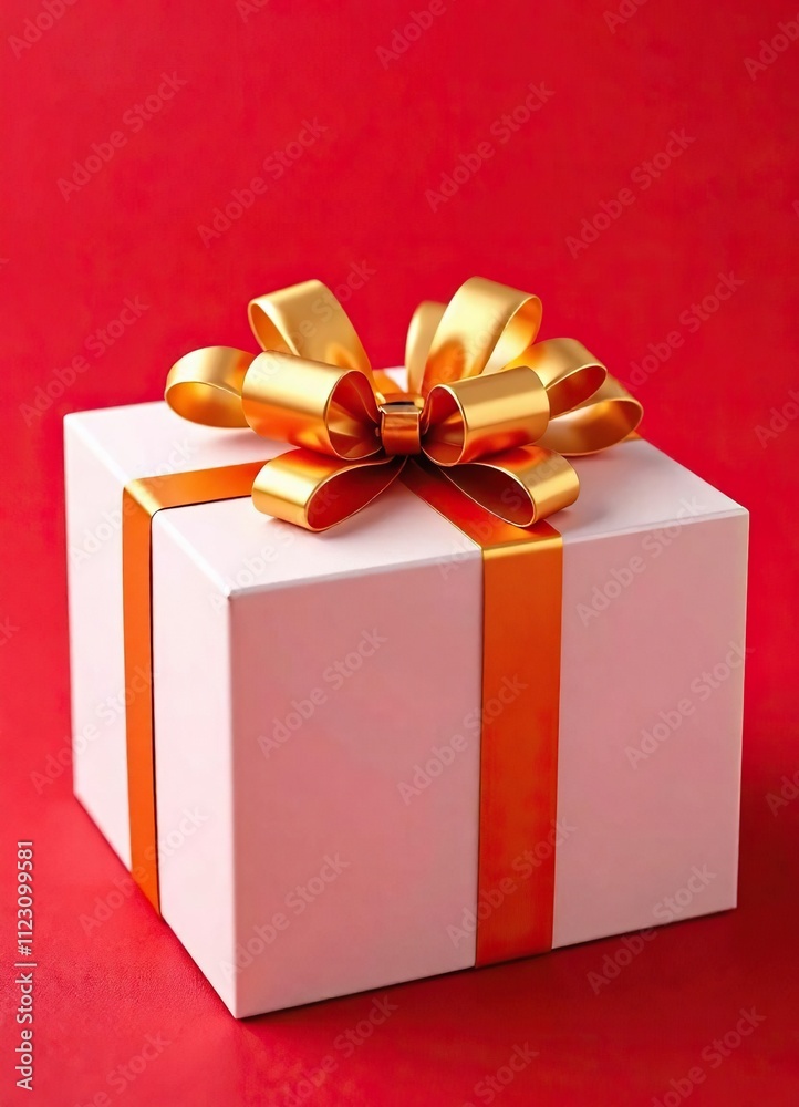 Obraz premium White gift box with golden bow on red background, wrapping paper, bow