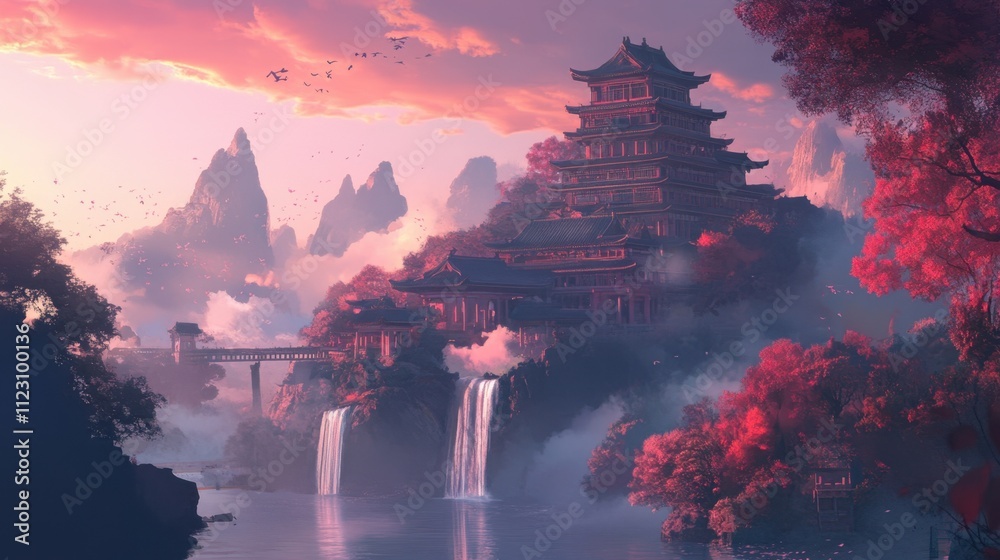 Obraz premium A stunning eastern palace amid waterfalls and mountains at sunset, glowing in vibrant orange and pink, creates a serene atmosphere. Generative AI