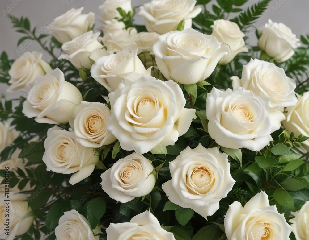 Obraz premium A bouquet of white roses in a colorful arrangement with greenery and flowers surrounding it, nature, greenery, fresh cut flowers