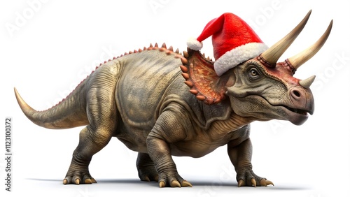 Festive triceratops wearing a cheerful red Santa hat, isolated on a white background, celebrating Christmas and New Year with a playful holiday spirit and seasonal charm photo