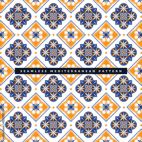 Set of patterned azulejo floor tiles with an abstract geometric background. Vector illustration  seamless Mediterranean pattern. Portuguese azulejo floor tile design and floor cement Talavera tile set
