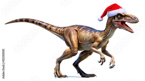 A velociraptor wearing a bright red Santa hat, isolated on a white background, bringing festive cheer to Christmas and New Year celebrations with a fun, creative, and holiday-inspired dinosaur theme photo