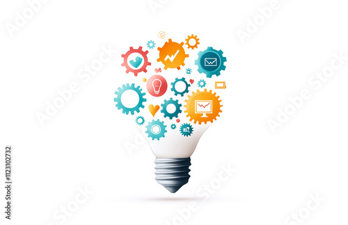 Creative light bulb filled with colorful gears and icons representing ideas, innovation, and technology. This artistic representation symbolizes creativity and problem solving