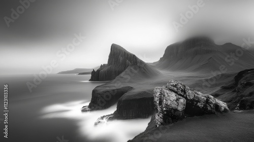 Dramatic black and white coastal landscape photo of rugged cliffs, ocean waves, and mist. photo