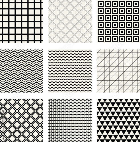 Retro black and white geometric pattern background, featuring abstract circles, triangles, and square lines art. Set of seamless geometric patterns graphic design prints