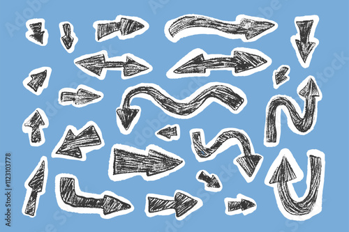 Arrow collage set crayon drawing Pointers isolated. Navigation marks. Scribble doodle paper signs. Vector hand drawn illustration
