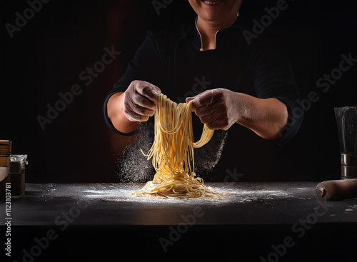 A chef's hands delicately lift freshly made pasta, the strands cascading onto a dark, floured surface.  Golden pasta, culinary art, food preparation. photo