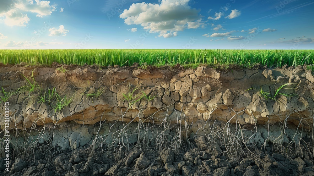 Obraz premium Soil cross section displaying lush green grass and its interconnected network of roots
