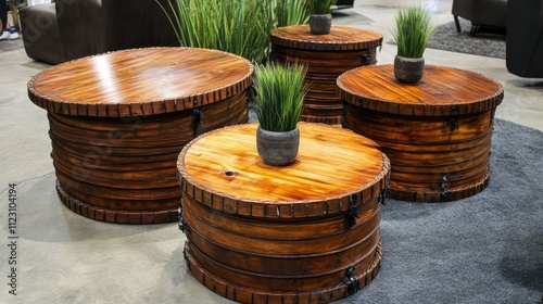 Wooden cable drums displayed at a craft fair, repurposed as unique furniture items. photo