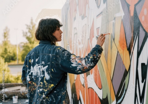 Female artist painting colorful urban graffiti mural outdoors photo