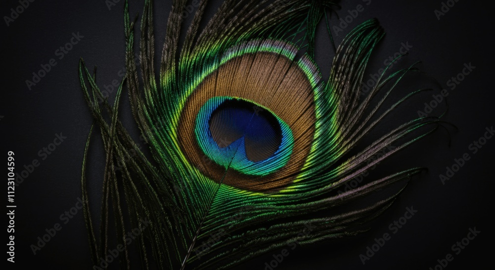 Obraz premium Vibrant peacock feather with eye spot on dark background
