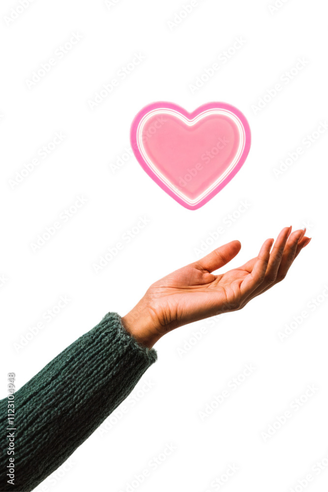 Hand reaching out to glowing pink heart symbolizing love and kindness isolated on transparent background.