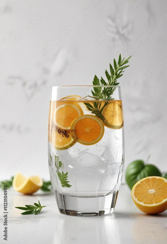 Fototapeta premium Clear glass beverage on a white background with garnishes, cocoa, garnishes