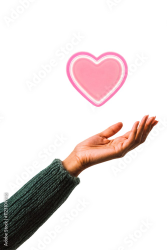Obraz na płótnie Hand reaching out to glowing pink heart symbolizing love and kindness isolated on transparent background.
w salonie