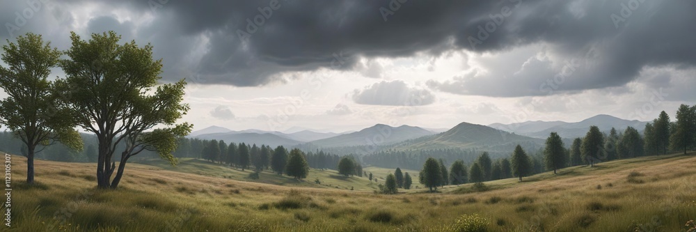 Obraz premium Cloudy sky with blurred trees and hills in the distance creating a sense of depth , tree-lined horizon, soft light, cloudy sky