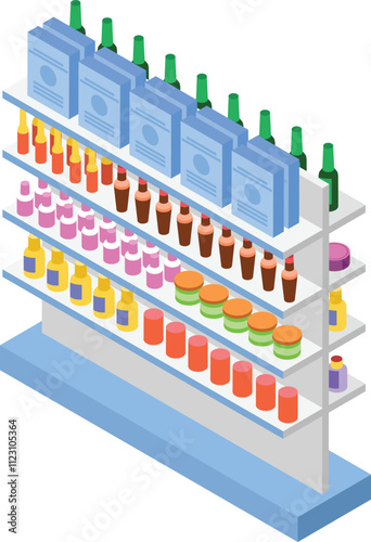 Well organized supermarket shelf displaying a variety of products, including packaged goods, beverages, and cosmetics, in an isometric perspective highlighting item arrangement