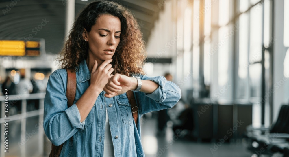 Fototapeta premium Young caucasian female checking time at airport terminal