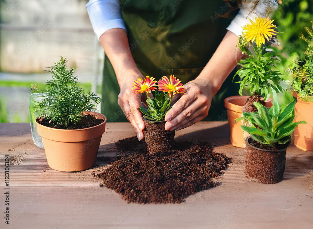 Close-up of hands gently planting a vibrant orange and red flower in rich dark soil. Surrounding plants in terracotta pots add to the gardening scene. Sunlight illuminates the scene. Close-up of hands gently planting a vibrant orange and red flower in rich dark soil. Surrounding plants in terracotta pots add to the gardening scene. Sunlight illuminates the scene.
