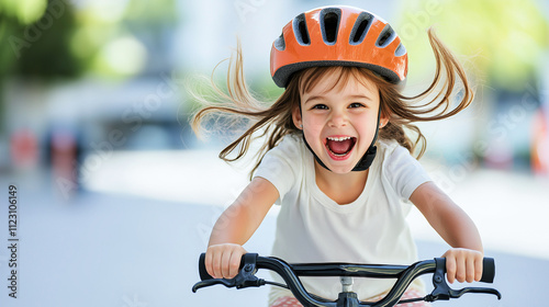Happy child girl in helmet riding bicycle, enjoying outdoors with excitement and joy. bright sunlight enhances cheerful atmosphere of moment
