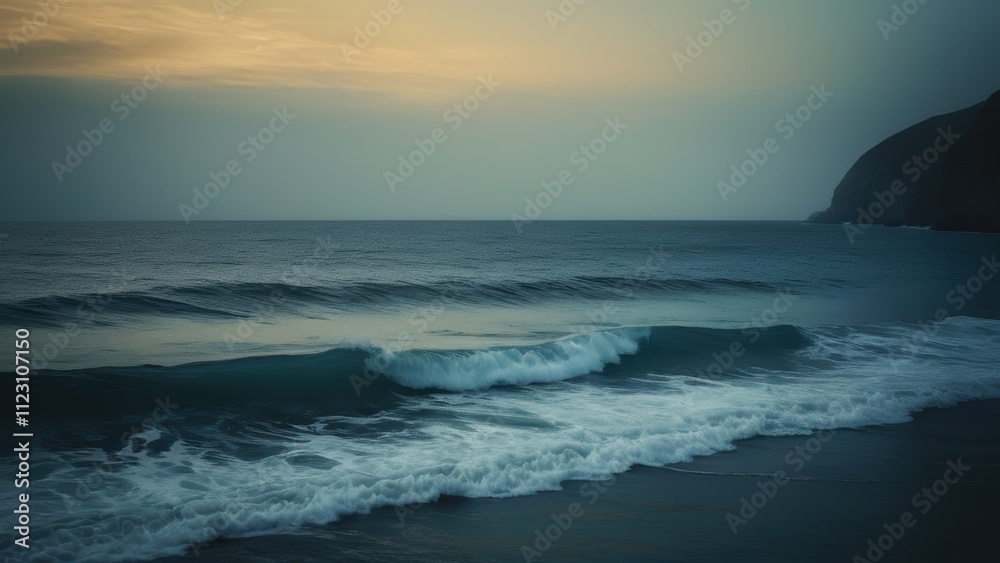 Obraz premium A serene view of the calm ocean at dusk, featuring gentle waves under a pastel sky. The peaceful atmosphere invites relaxation and contemplation