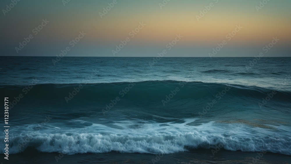 Obraz premium A serene view of the calm ocean at dusk, featuring gentle waves under a pastel sky. The peaceful atmosphere invites relaxation and contemplation