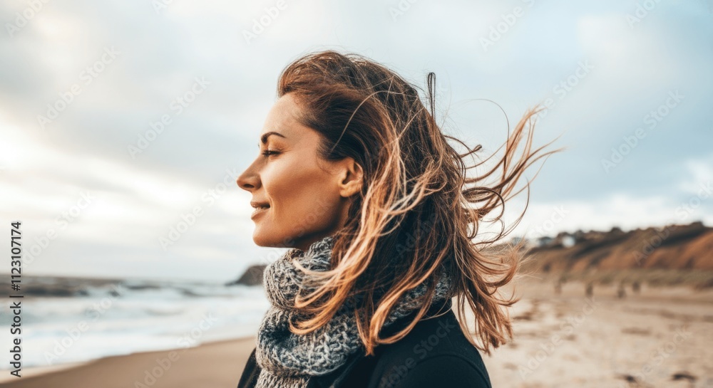 Fototapeta premium Young caucasian female enjoying a windy beach day by the ocean