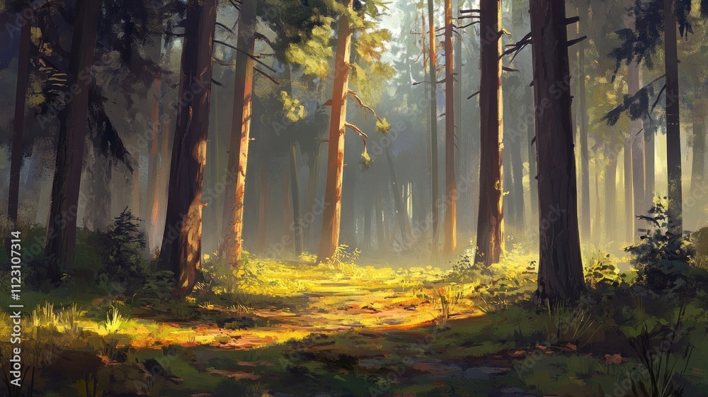 Obraz premium A serene forest scene with sunlight filtering through tall trees, creating a peaceful, inviting atmosphere.