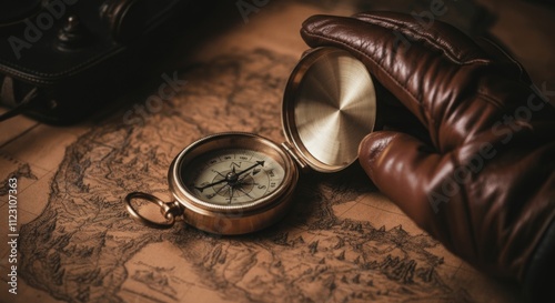 Antique brass compass on vintage map with leather gloved hand photo