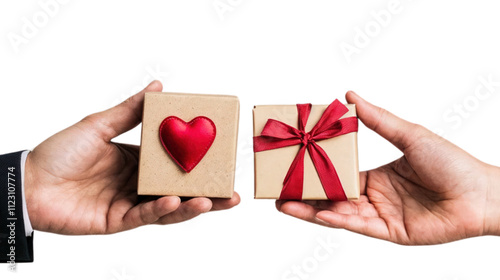 Hands holding gift boxes with red heart and ribbon decoration isolated on transparent background.
