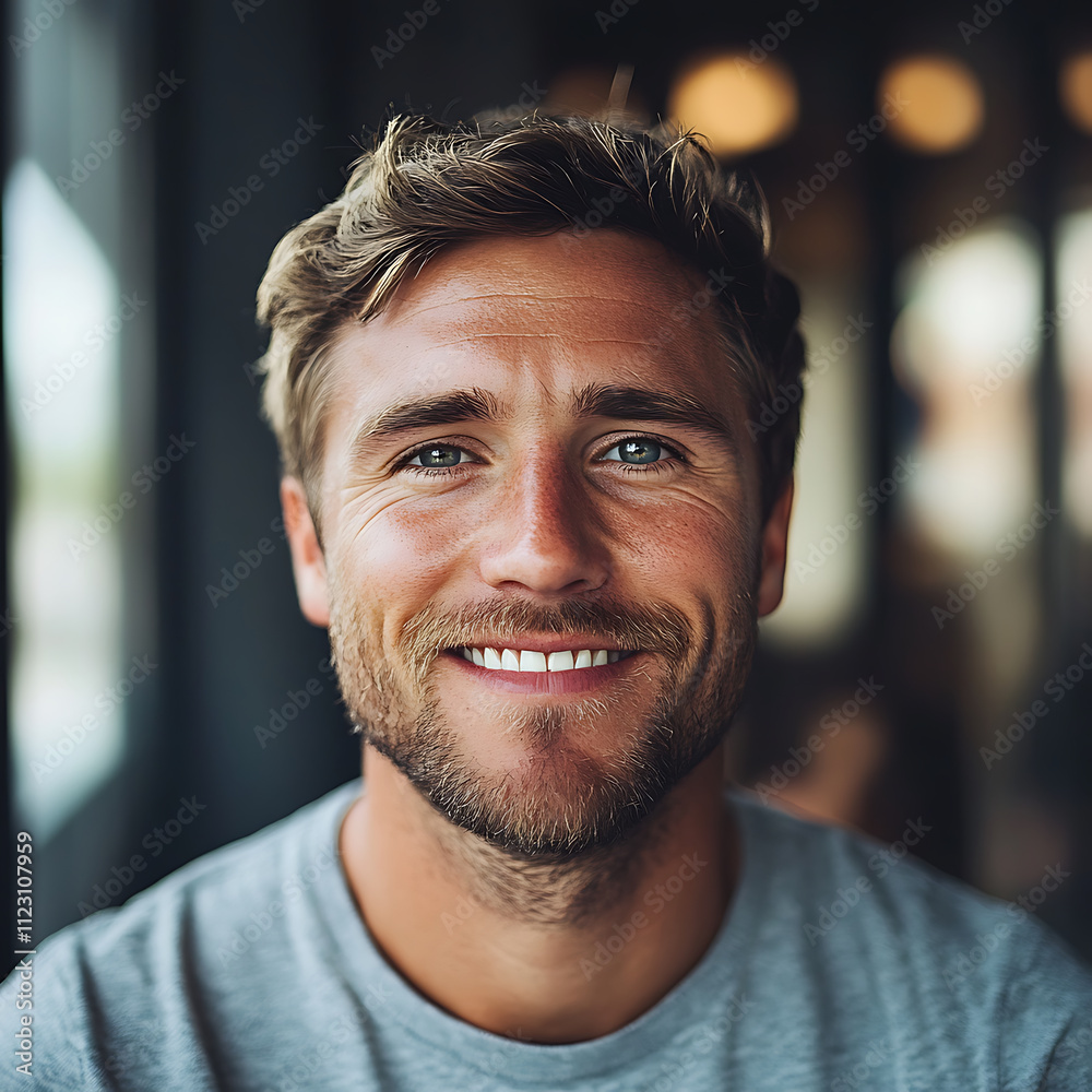 Smiling younger man with short hair in casual attire, bright atmosphere Smiling younger man with short hair in casual attire, bright atmosphere
