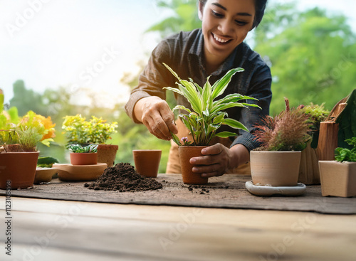 A smiling woman tends to her potted plants outdoors, sunlight illuminating the scene.  She carefully replants a small green plant using gardening tools, surrounded by other potted flora and soil. photo