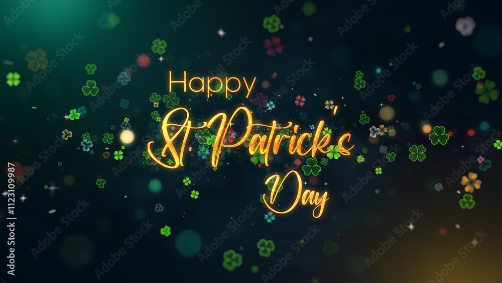 Naklejka premium A colorful Happy St. Patricks Day design featuring glowing text and clover particles on a dark background, creating a festive and enchanting atmosphere for celebratory projects.