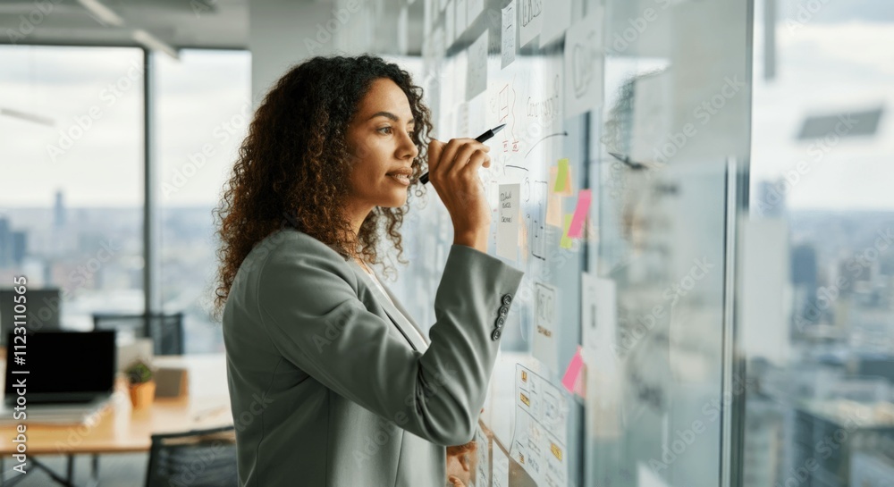 Fototapeta premium Young african female professional planning on office whiteboard with city view