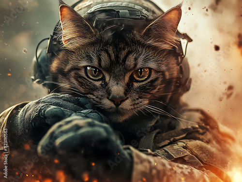 A Brave Feline Warrior: A Digital Art Masterpiece of a Cat in Military Gear Amidst a Fiery Battlefield photo